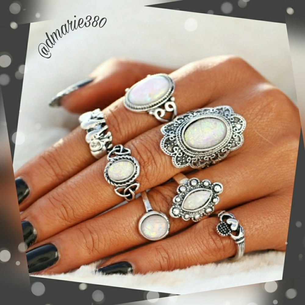 🌴 Gorgeous Bohemian Antique silver 7pcs Ring Set - Picture 3 of 5